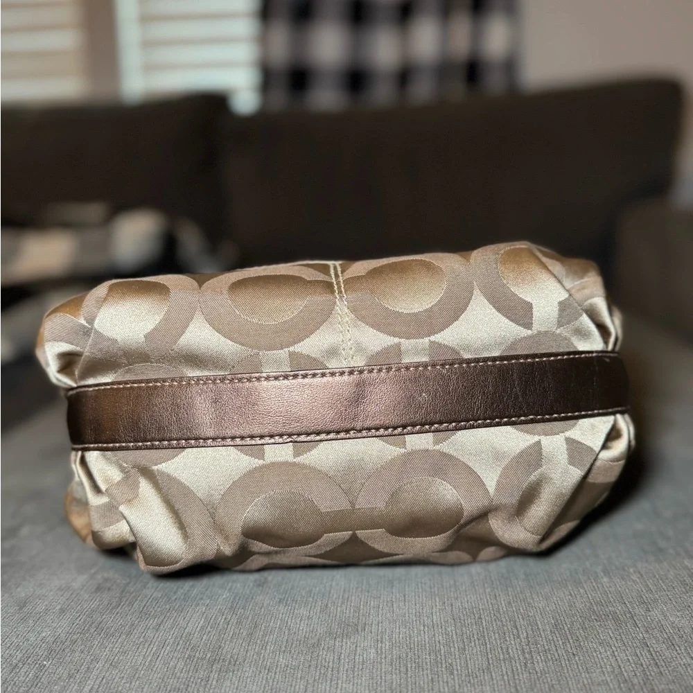 Coach Brown Signature One Shoulder Hobo Bag with bronze leather